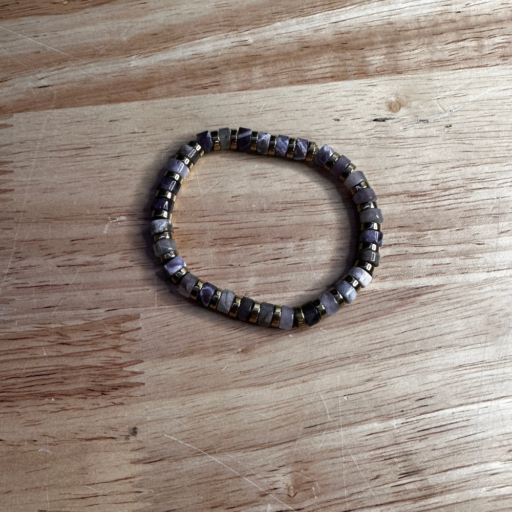Amethyst and Grey Stone Beaded Stretch Bracelet Gold Spacers Minimalist Boho